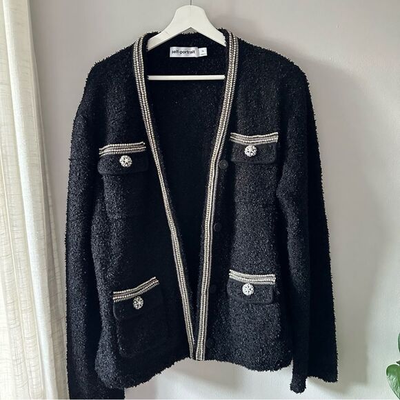 SELF-PORTRAIT Black Tape Knit Crystal-Embellished Bouclé Cardigan - Picture 6 of 13